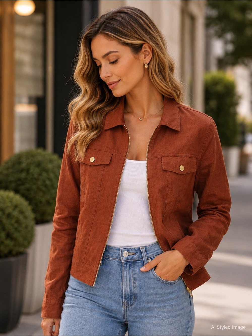 Rachel Zoe Brown Linen Blend Utility Jacket Size Large Zip Front Neutral